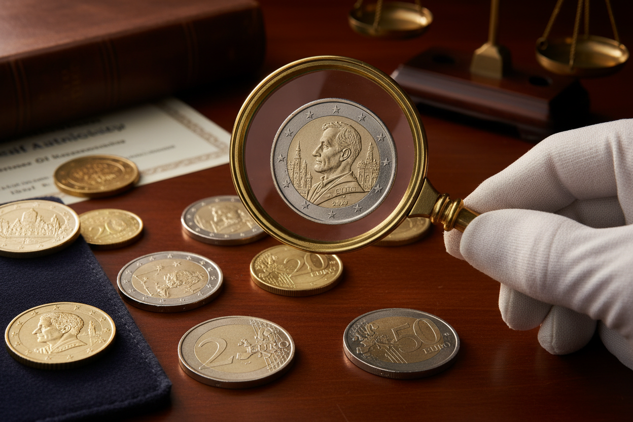 Monete rare europee con lente d'ingrandimento